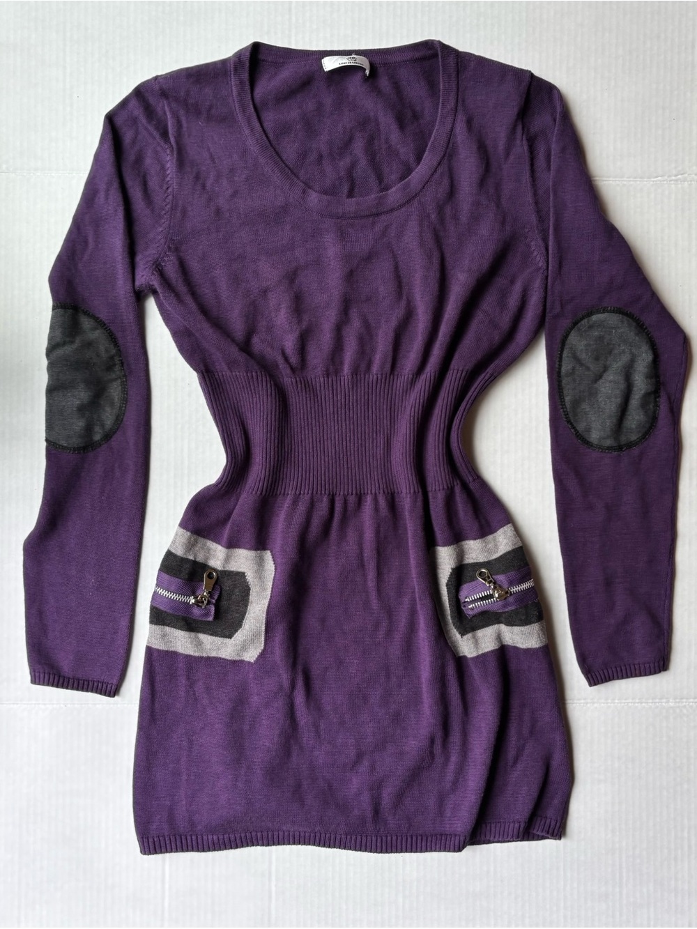 Uniquism purple knit snatched fitted waist mini dress elbow patches zipper Y2K